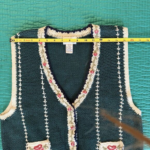 Vintage Erika Floral Embroidered Vest Women L Green Roses Cotton Cottagecore 90s - Picture 8 of 16